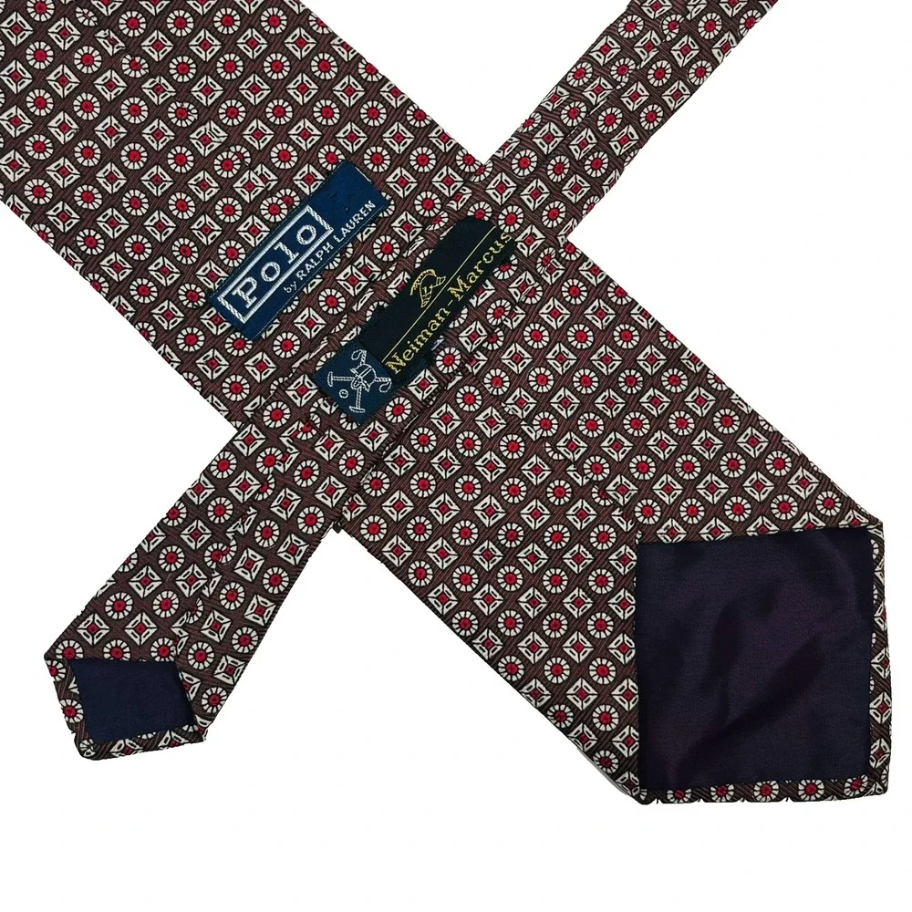 Polo Ralph Lauren Silk Men's Necktie Brown Red Geometric‎ Medallions 55